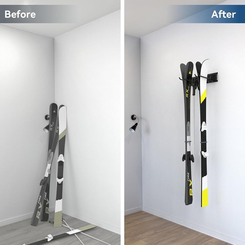 WALMANN Wall Mounted Ski Rack, Garage Ski Storage for 4 Pairs of Skis Mount Hanger Home Shed and Garage Snowboard Wall Rack Holds Up to 200 lbs - Image 2